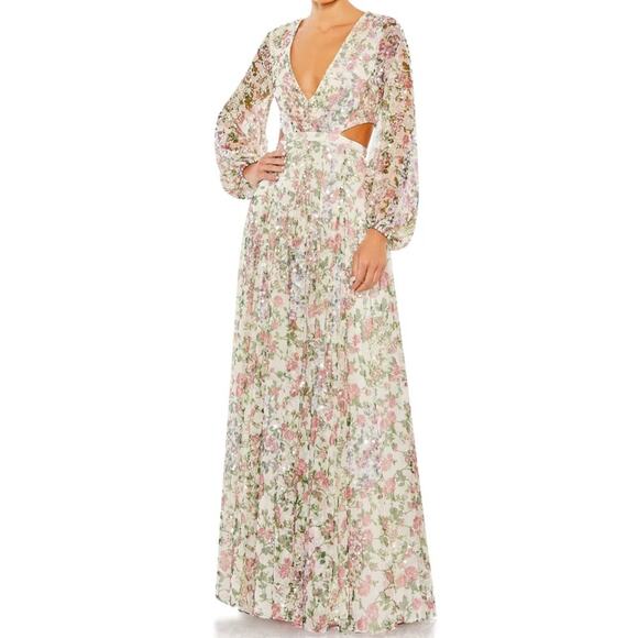 Mac Duggal Sequined Floral Print Cut Out Lace Up Gown A93746 Women’s Sz 8 - Picture 1 of 13